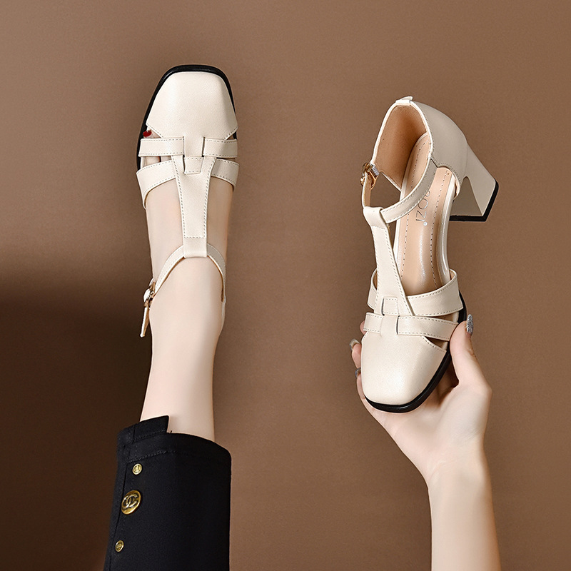 Sandal da thật nữ quai ngang hở mũi gót vuông 5 cm phối váy — Màu đen