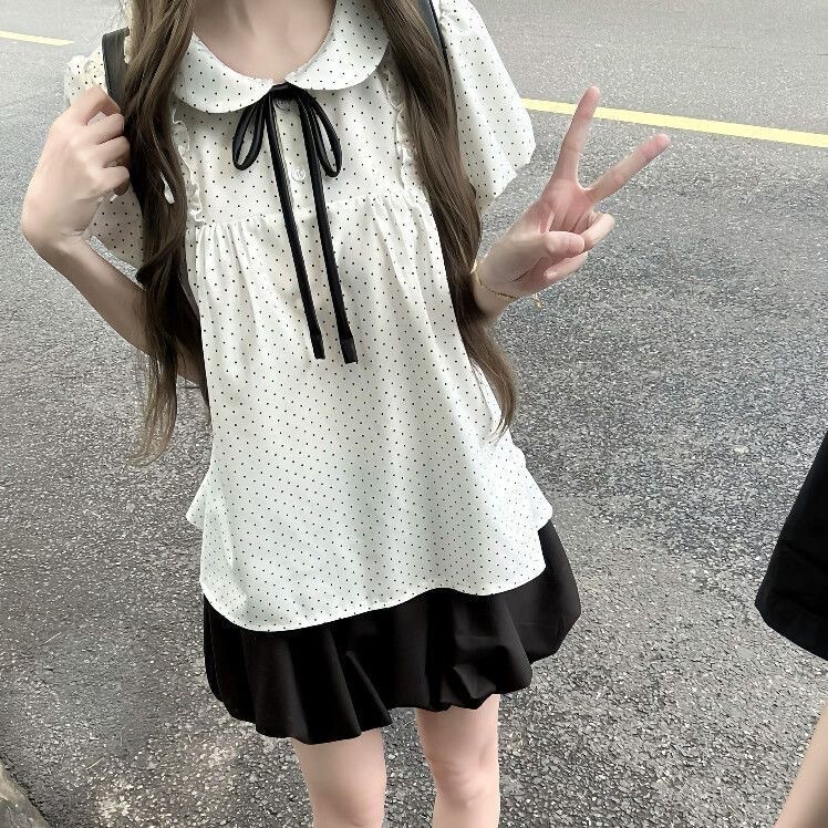 2026 Summer New Korean Style Doll Collar Sweet Polka Dot Puff Sleeve Short Sleeve Top for Women Versatile College Style Shirt 2026 Summer New Korean Style Doll Collar Sweet Polka Dot Puff Sleeve Short Sleeve Top for Women Versatile College Style Shirt