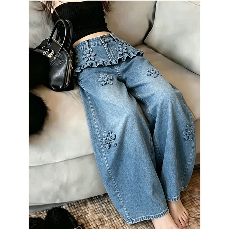 3D floral print jeans for women, high-waisted, slimming, wide-leg, summer thin design, unique and stylish, floor-length pants