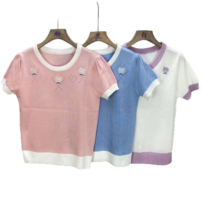 刺繍カラーブロック半袖サマーニットセーター新年新作ショートトップ優しい半袖Tシャツ女性用スイートガールイン|undefined