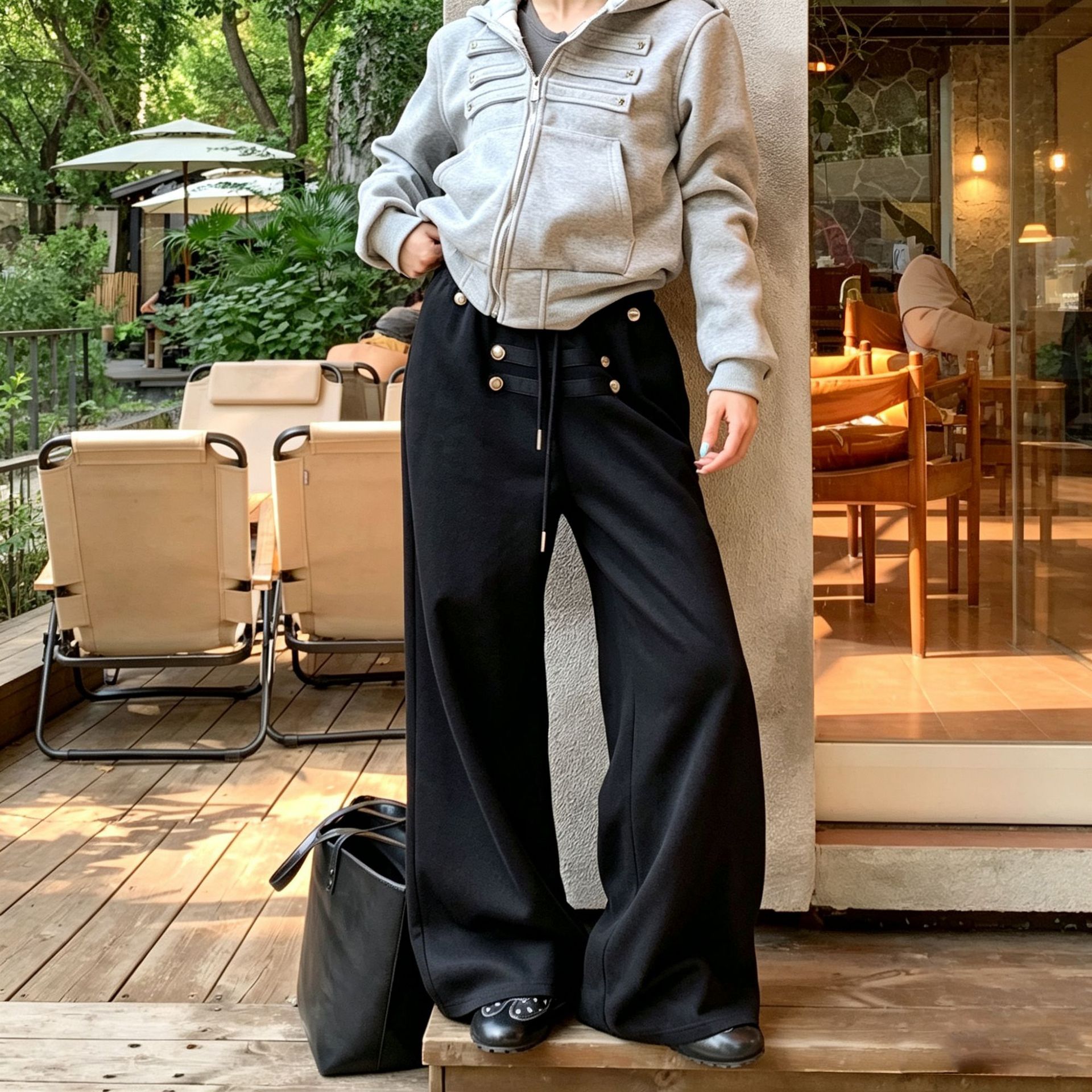 黑色阔腿裤女春秋季2026新款美式宽松纽扣卫裤高腰休闲垂感弯刀裤