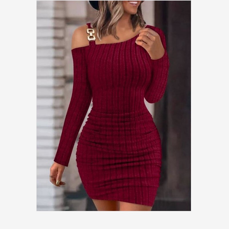2023 European Women's Pure Color Off-Shoulder Slope Collar Tight Hip Fashion Slim Sexy Long-Sleeved Dress