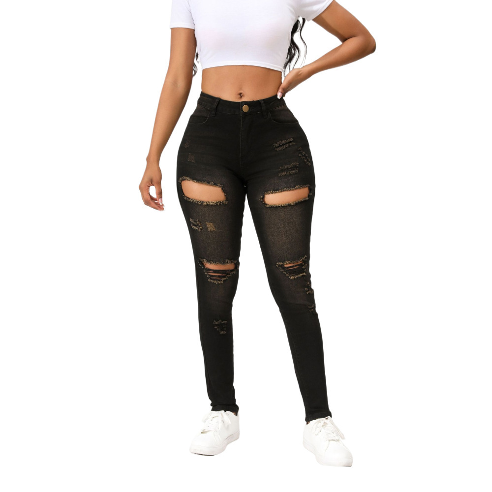 Vaqueros negros rasgados estilo europeo y americano para mujer, pantalones ajustados elásticos de cintura media que hacen que las piernas parezcan más delgadas, en stock para dropshipping.
