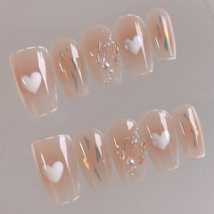 Short Ballet Blush Nail Art Sheet Heart Pearl 3D Glitter Butterfly Diamond Wearable Nail Artificial Nail Wholesale