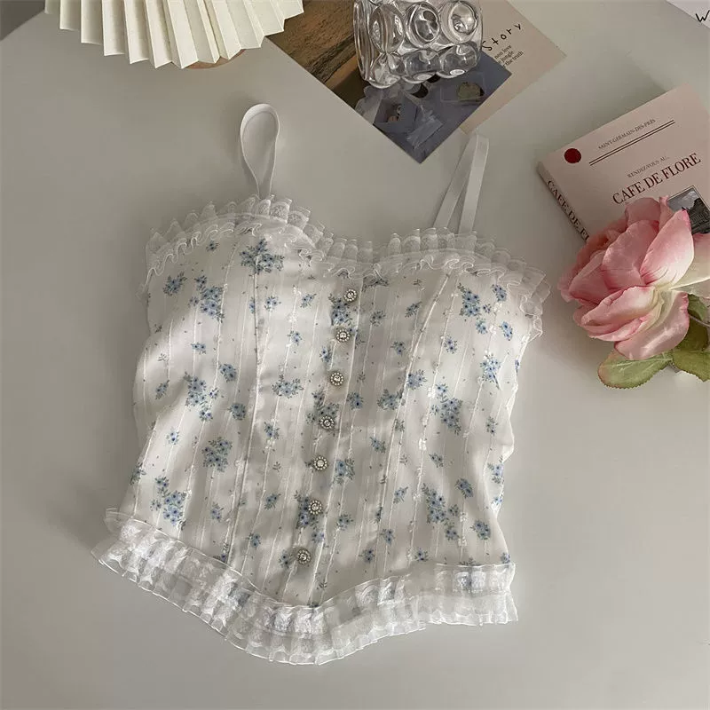 Women's Floral Lace Tank Top with Cups, Breathable French-Style, Beautiful Back