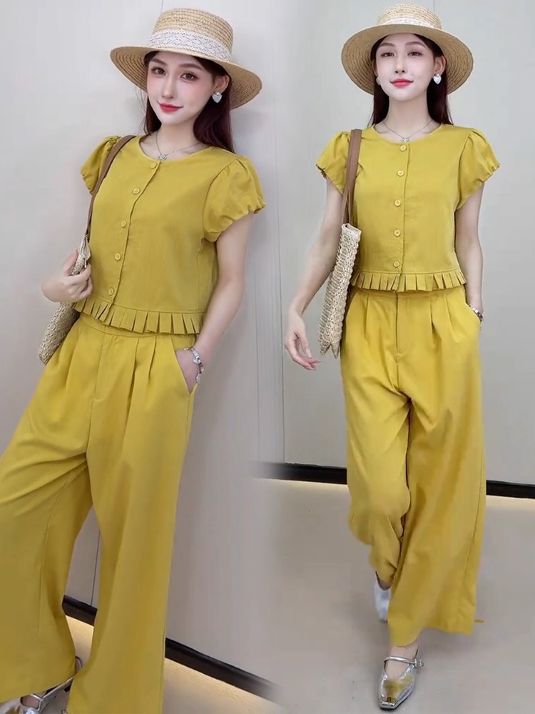 Bộ quần áo nữ mùa hè gồm áo ngắn thiết kế kiểu tây và quần ống rộng hai mảnh A5216 — Màu xanh lam đậm