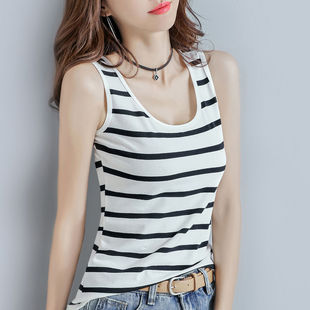 2022 Summer Top New Black and White Striped Pure Short Camisole Women's Outer Wear Sleeveless Base Shirt