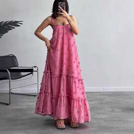 2025新品欧美跨境亚马逊慵懒风设计吊带立体花朵大摆蛋糕连衣长裙