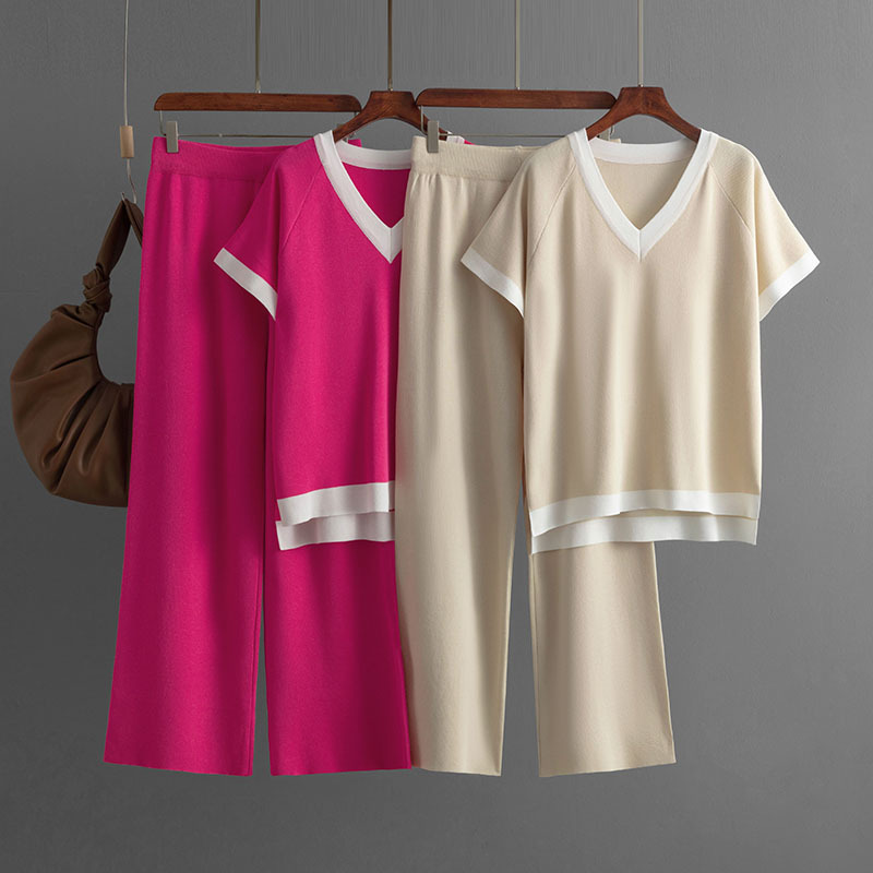 529g Weight Three-Quarter Sleeve Sleeve Length Ice Silk, Viscose fiber Fabric Type Leisure Suit Sets Type Casual, Indoor, Outdoor, Daily Occasion V Neck Neckline Contrast Binding Function Regular Fit Fit Type Color Block Pattern Summer, Spring Season Women's Gender Casual, Simple Style Style Casual Indoor Outdoor Women's Casual Simple Style Color Block Ice Silk Viscose Fiber Leisure Suit Pants Sets 2