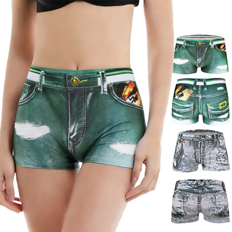 European and American Cross-Border Women's Underwear, Imitation Denim Print, Quick-Drying, Breathable Boxer Briefs, Sexy Hot Pants, Amazon