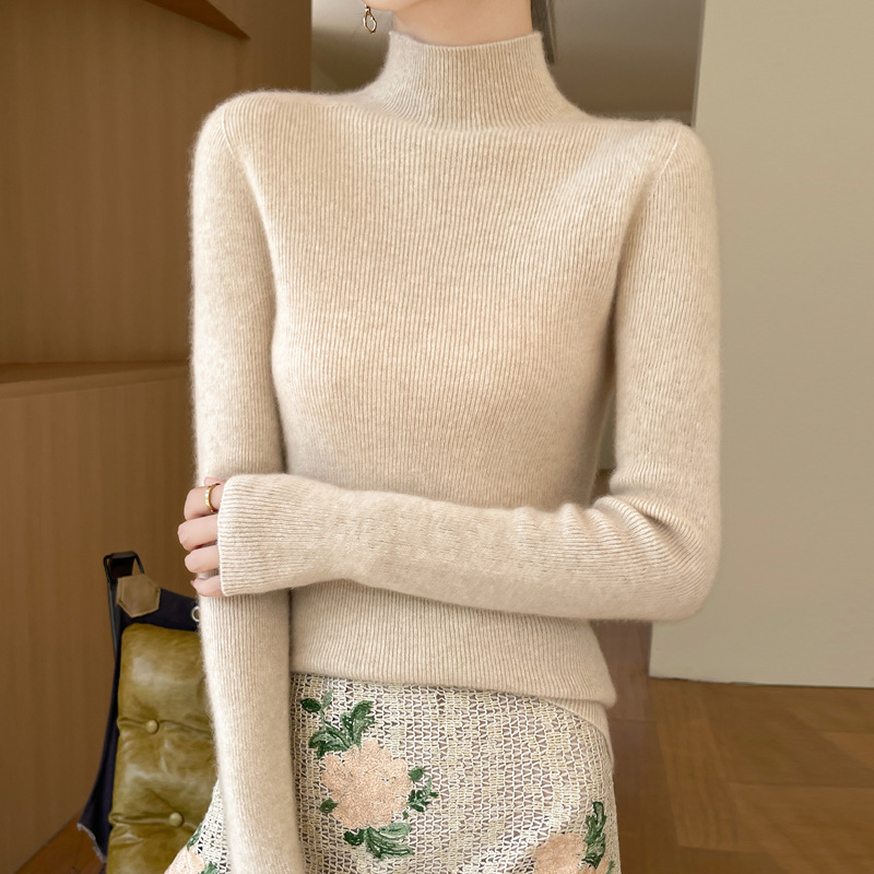 High-end ready-to-wear wool blend 2026 autumn/winter new women's slim-fit half-high collar ribbed pullover base knit sweater High-end ready-to-wear wool blend 2026 autumn/winter new women's slim-fit half-high collar ribbed pullover base knit sweater