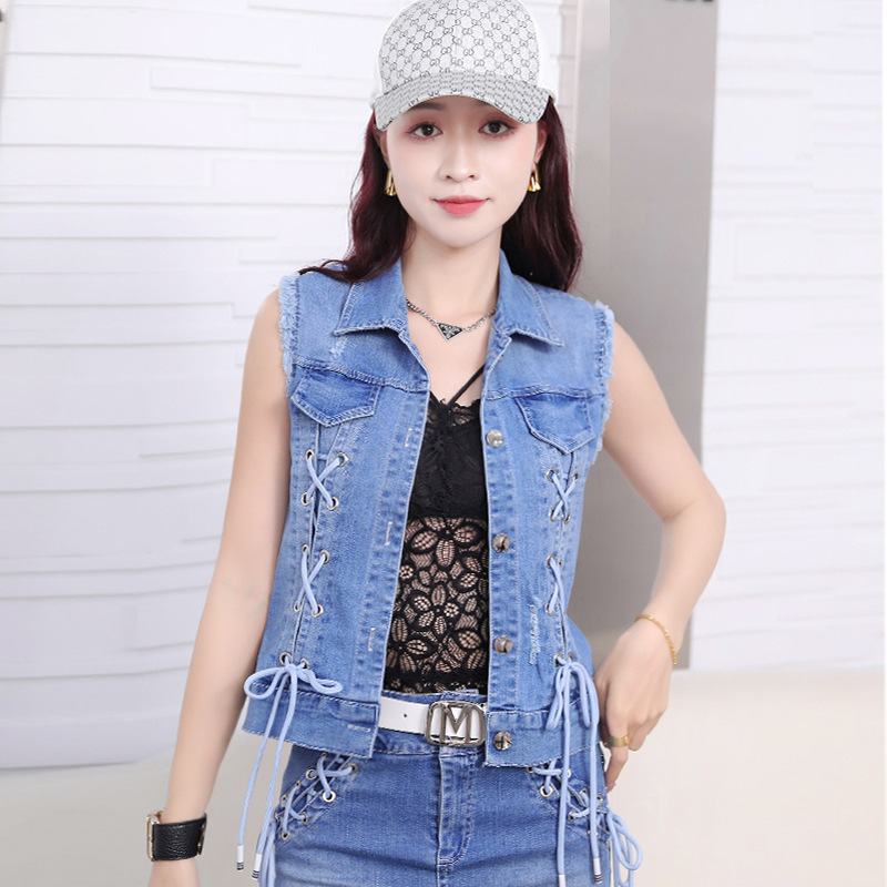 Fashion Denim Vest Women's 2025 Spring New Style Lace Bow Distinctive Street Stylish Stretch Vest
