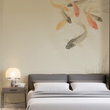 现代新中式简约意境九鱼图水墨客厅背景墙纸壁布卧室书房茶室壁画