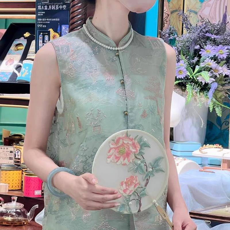 자수 조끼 탕 세트 중국 스타일 여름과 가을 새로운 cheongsam 민족 스타일 복고풍 조끼 중국 스타일 최고 여성 의류