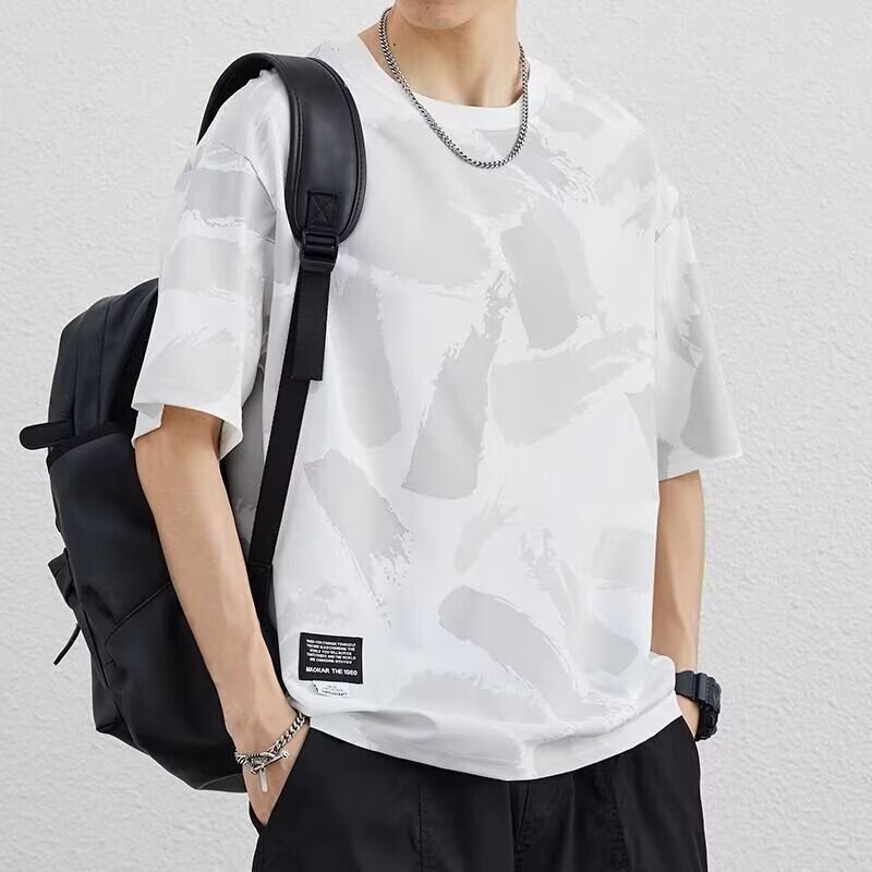 2025 Summer Camouflage Ice Silk Short Sleeve T-Shirt Men's Half Sleeve Stretch Quick-Drying T-Shirt Thin Top Men's Trendy Clothing