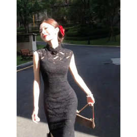 赫本风性感黑色蕾丝立领开叉连衣裙女夏季气质女神范收腰显瘦长裙