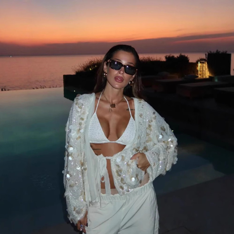 European and American Ins Internet Celebrity Export Sequins Shiny Pure Color Foreign Style Sexy Long-Sleeved Shirt Tops Early Autumn New Style European and American Ins Internet Celebrity Export Sequins Shiny Pure Color Foreign Style Sexy Long-Sleeved Shirt Tops Early Autumn New Style