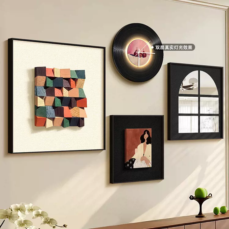 钟表挂钟挂画沙发背景墙装饰画法式复古风镜子画组合3d立体墙壁画