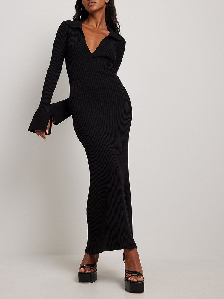 Women Clothing Long Sleeve Dress Women Knitted Deep V Plunge Sweater Maxi Dress