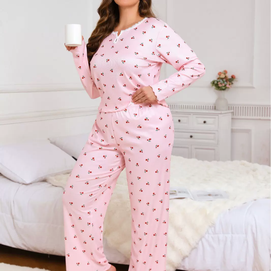 跨境亚马逊欧美大码睡衣套装樱桃V领加大加肥女式家居服生菜卷边