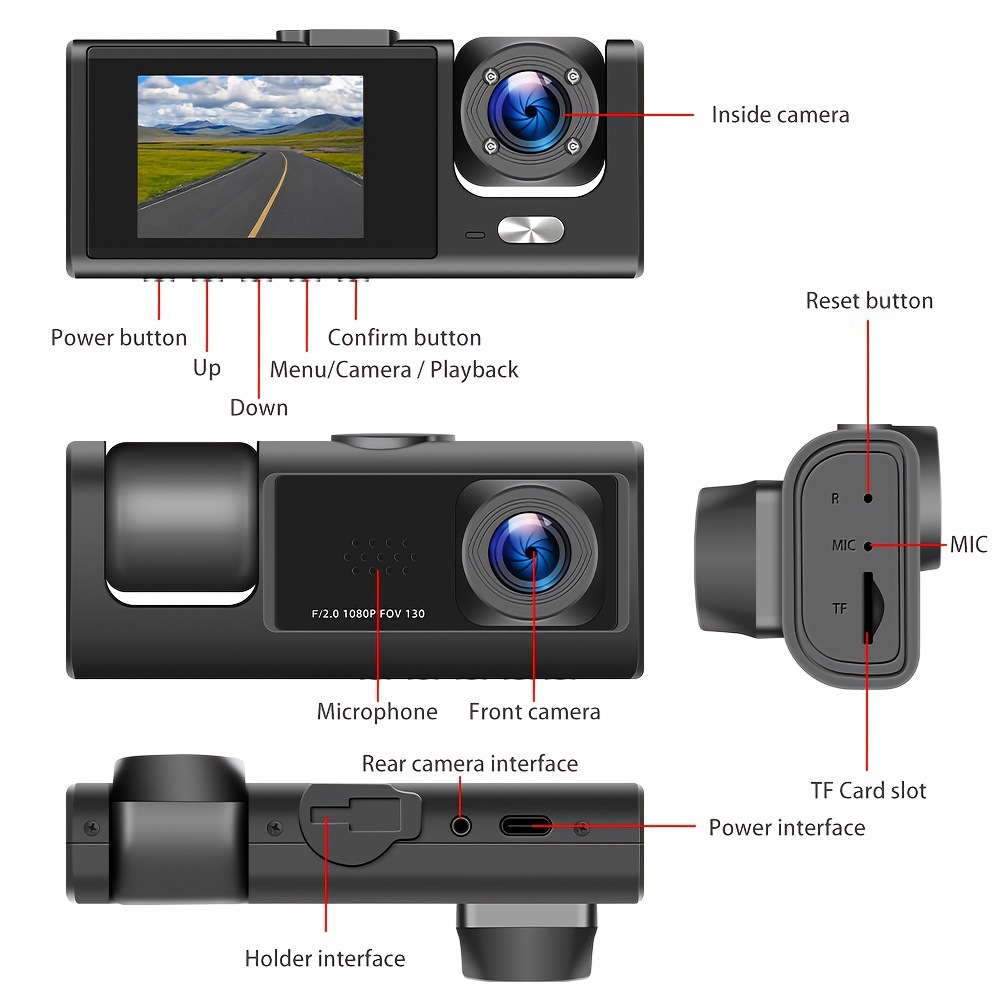 Three-Lens Car Dashcam, New Cross-Border Model, Enhanced Night Vision, Wifi Connectivity for Parking Monitoring