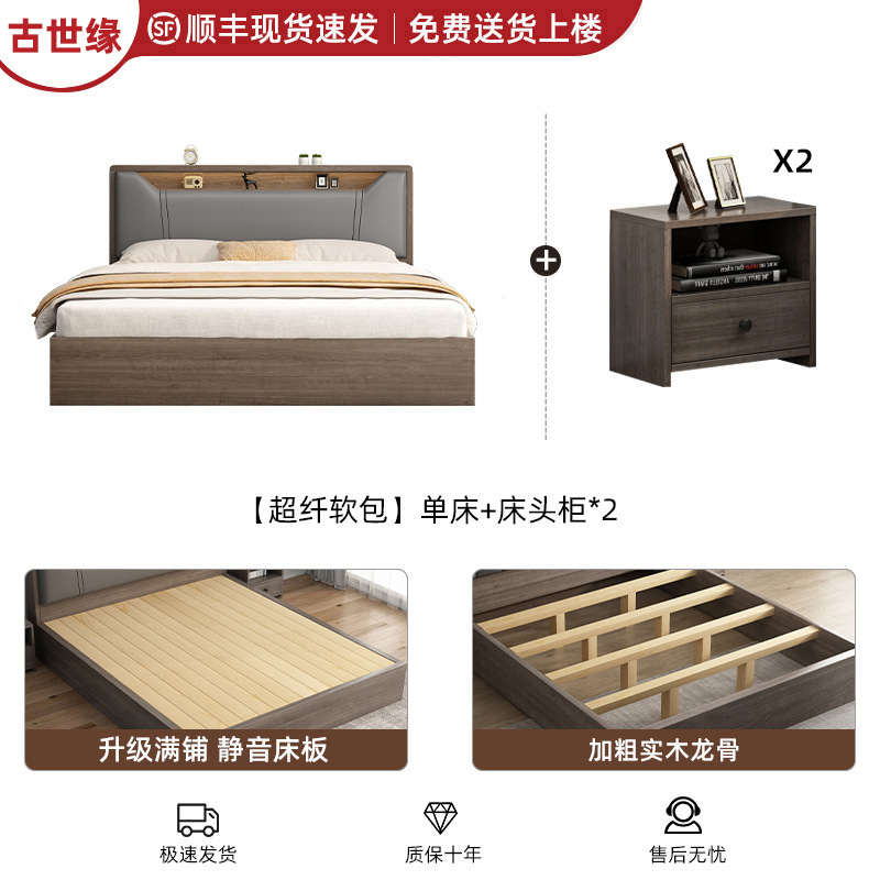 床实木床1米8双人床卧室床出租房用软包床1.5m储物床1米2单人床架|undefined