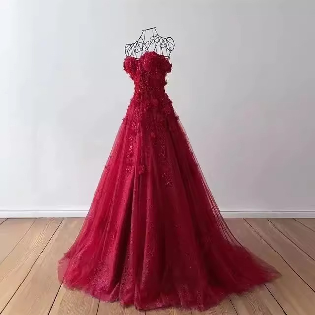 Dream Purple Light Veil Three-Dimensional Flower Dress High-Waist Strapless Short-Sleeved Meat-Covering Bridesmaid Dress for Small Women Dream Purple Light Veil Three-Dimensional Flower Dress High-Waist Strapless Short-Sleeved Meat-Covering Bridesmaid Dress for Small Women