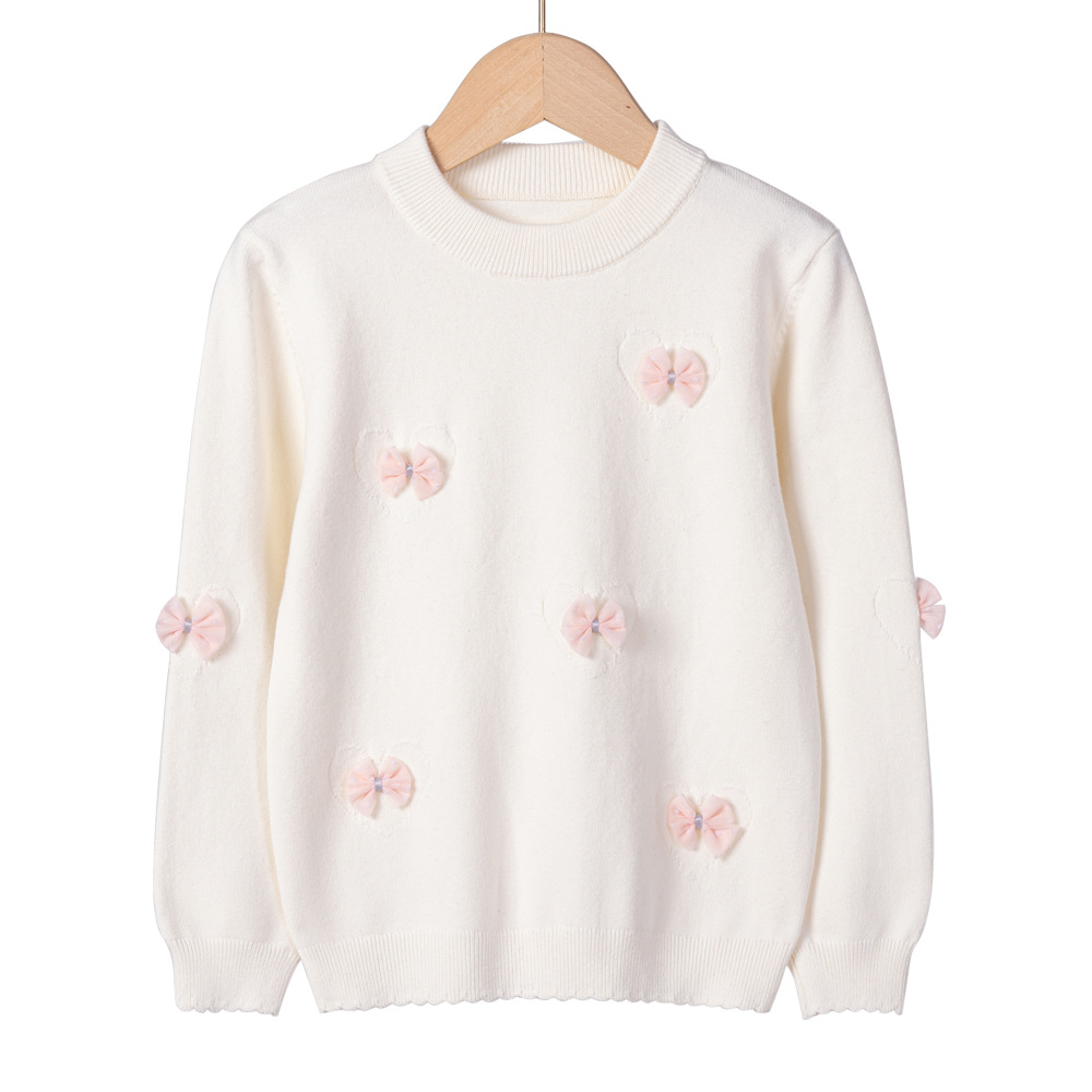 2024 nuevo estilo coreano de otoño y invierno cuello redondo amor arco niñas camisa de punto fondo suéter de niños pequeños al por mayor