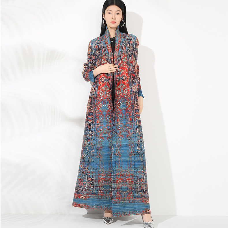Pleated Fashion Printed Long Coat Women's 2025 Spring New Lapel Loose plus size Long Sleeve Stretch Robe