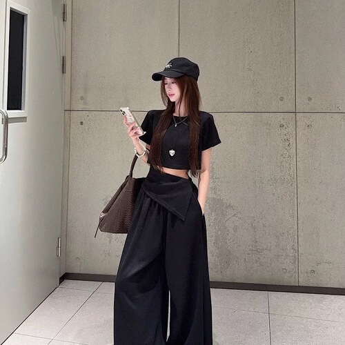 Summer fashion waist waist hot girl fashion suit irregular fake two-piece top T-shirt + high-waisted wide-leg pants two-piece set