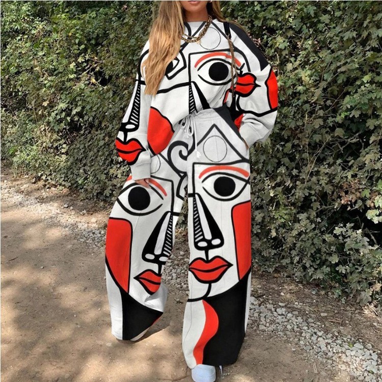 Conjunto de Sudadera Informal con Cuello Redondo y Estampado Holgado para Mujer, Estilo Europeo y Americano, Novedad de Comercio Exterior Transfronterizo para Otoño 2025
