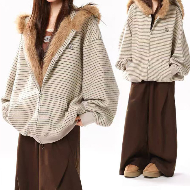 American Retro Rabbit Ear Striped Hooded Sweatshirt for Men and Women, Winter Design Versatile Fur Collar Couple Cardigan Jacket Trendy