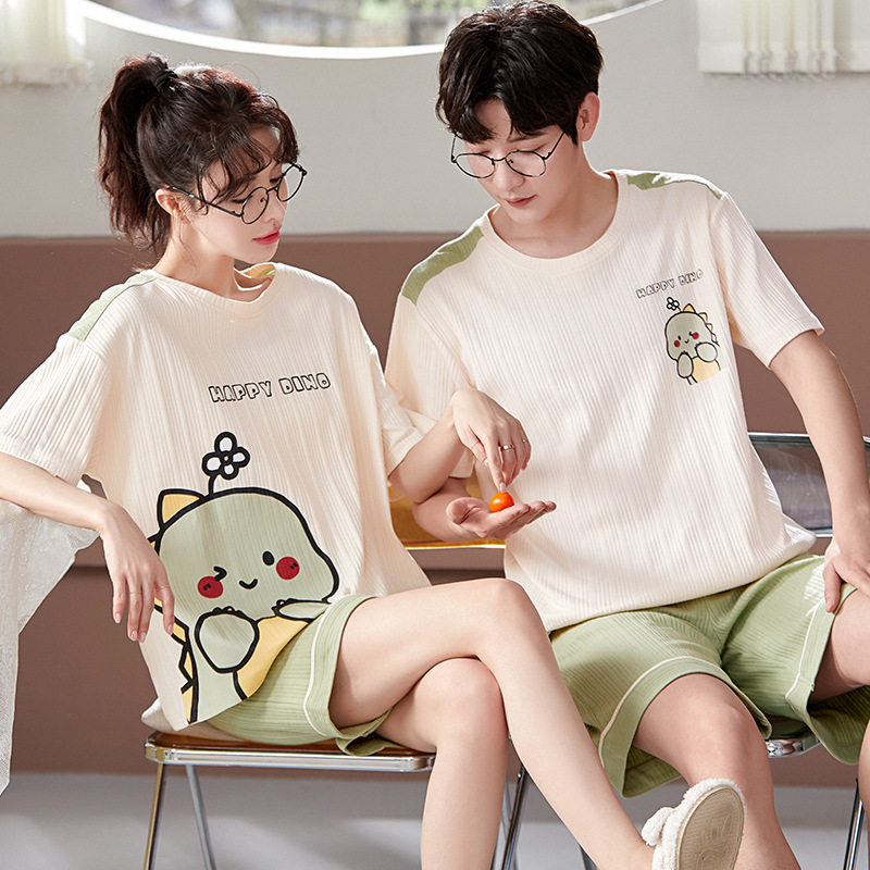 Couple Pajamas Summer Short-sleeved Cotton Thin Simple Men's and Women's Two-piece Home Clothes Summer Cross-border Wholesale Couple Pajamas Summer Short-sleeved Cotton Thin Simple Men's and Women's Two-piece Home Clothes Summer Cross-border Wholesale