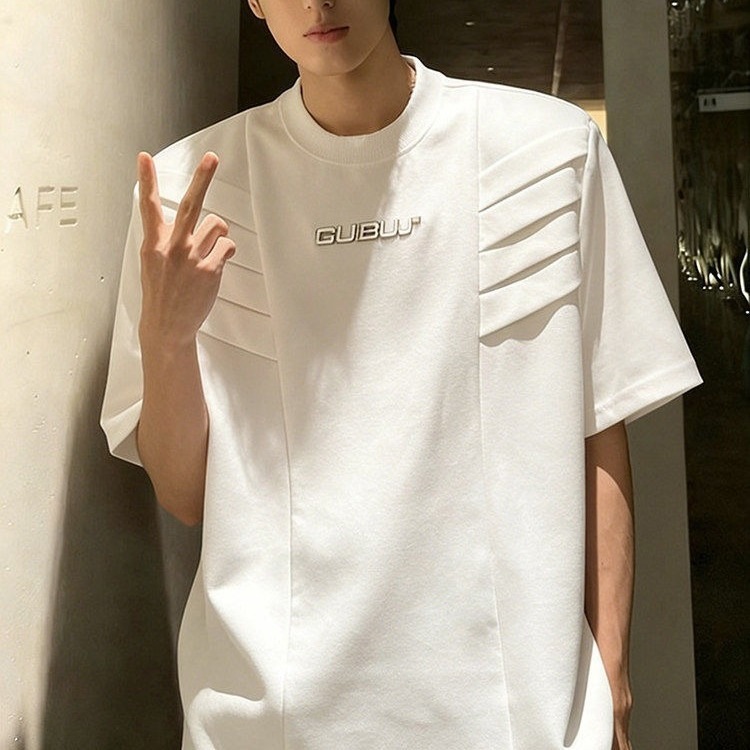 夏季高级感垫肩短袖T恤男美式上衣韩版宽松痞帅设计感重磅半袖t恤