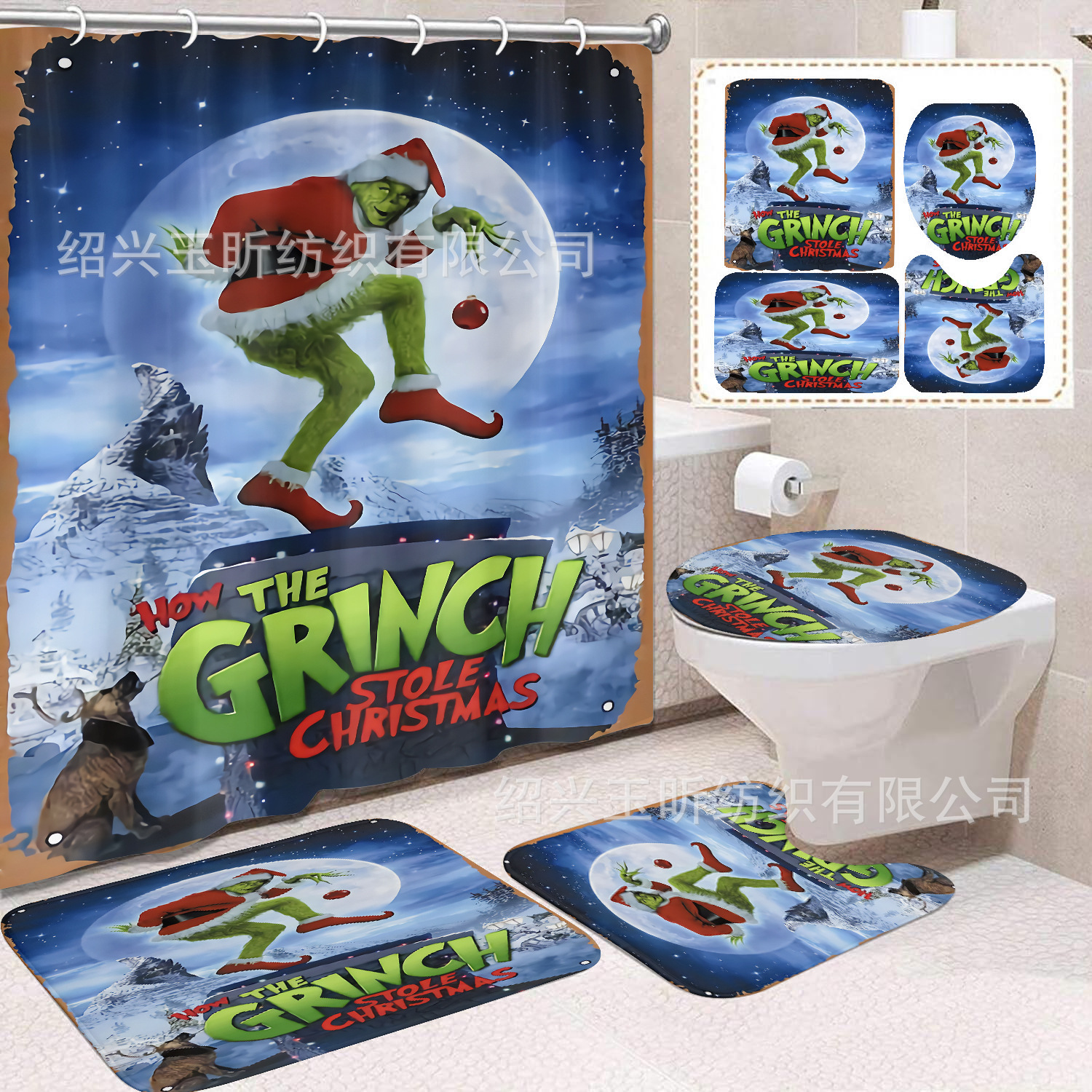 Tela de cortina de ducha transfronteriza, cortina de ducha impermeable, alfombra antideslizante de baño, juego de Grinch 4 de pelo verde al por mayor, sin perforación
