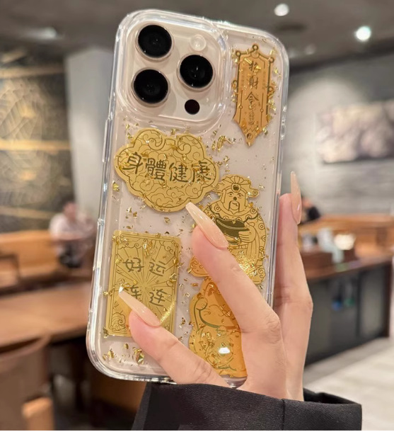 El epoxi transparente estilo ins Lucky Jinbao es adecuado para Apple 16proma festivo iPhone14/15 funda para teléfono móvil 13p