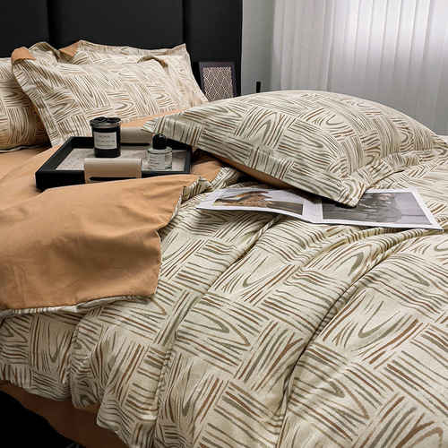 Pure cotton brushed printed four-piece set simple autumn and winter thickened 100 cotton quilt cover sheets retro high-end bedding