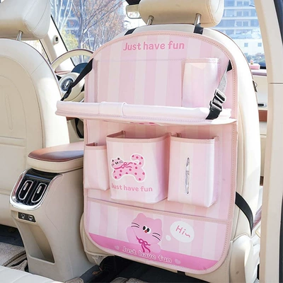 Car-Mounted Small Table, Foldable Car Trash Can, Storage Bag, Cartoon Creative Car Seat Back Dining Table Storage Hanging Bag (Car table board) - polka-dot-pink-cat-storage-bag-z-style