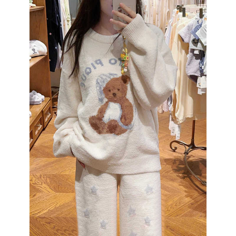软fufu小熊新款可爱针织半边绒睡衣女秋冬2025加绒加厚家居服套装|undefined