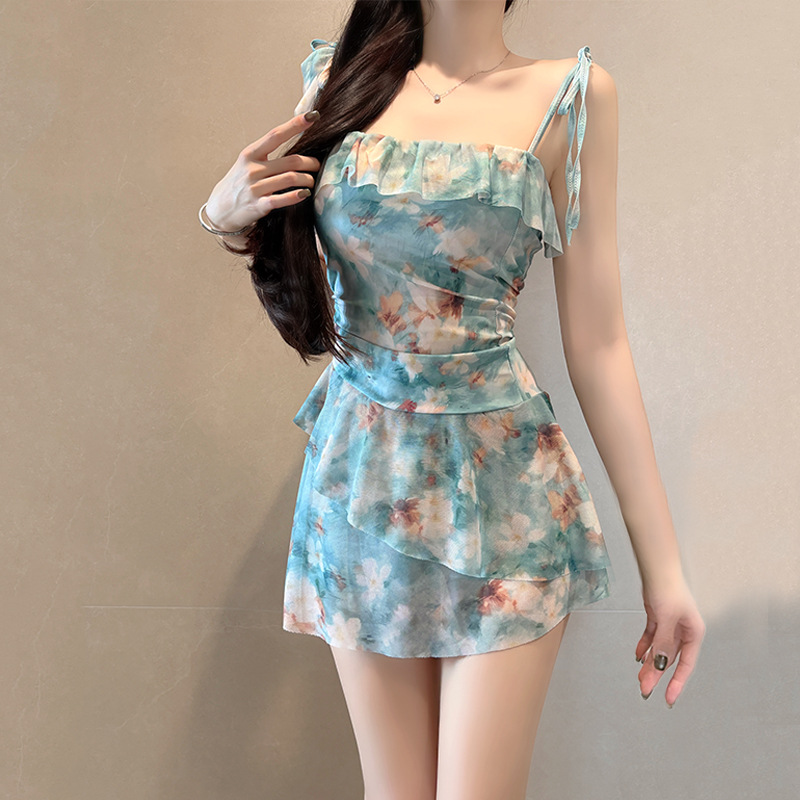 Damen-Badeanzug mit Blumenmuster und Rockshorts, konservativ, figurformend, bauchbedeckend, französischer Retro-Stil, ideal für heiße Quellen_voghion.com