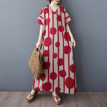 复古花竖条圆点文艺原创薄棉麻酒红袍子连衣裙宽松大码显瘦长裙女