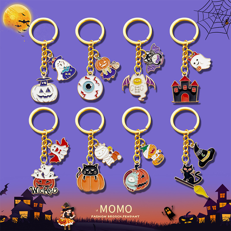 Halloween Alloy Keychain Pendant Oil Dripping Ghost Festival Skull Bat Ghost Series Flower Key Chain Bag Accessories
