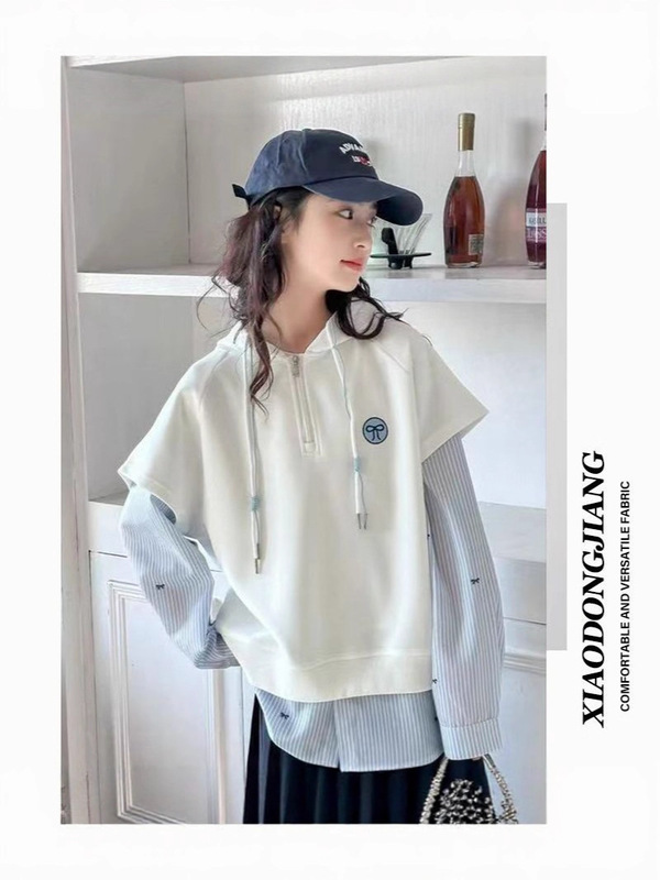 女童秋装假两件条纹拼接连帽卫衣2025新款中大童韩版休闲宽松上衣|undefined