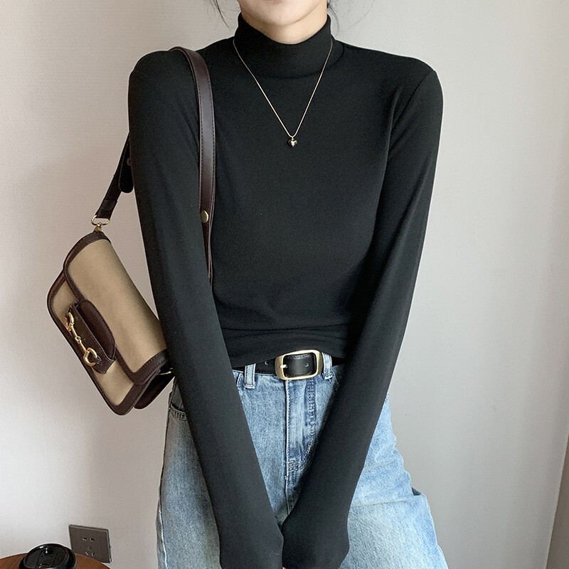 Half-high collar double-sided velvet base shirt women's spring and autumn western style solid color fleece-lined thick warm long sleeve top Half-high collar double-sided velvet base shirt women's spring and autumn western style solid color fleece-lined thick warm long sleeve top