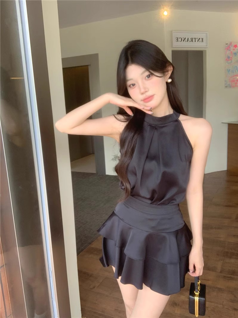 우아한 세트 살구색 새틴 넥 조끼 최고 여성 여름 높은 허리 스커트 A 라인 스커트 투피스 세트