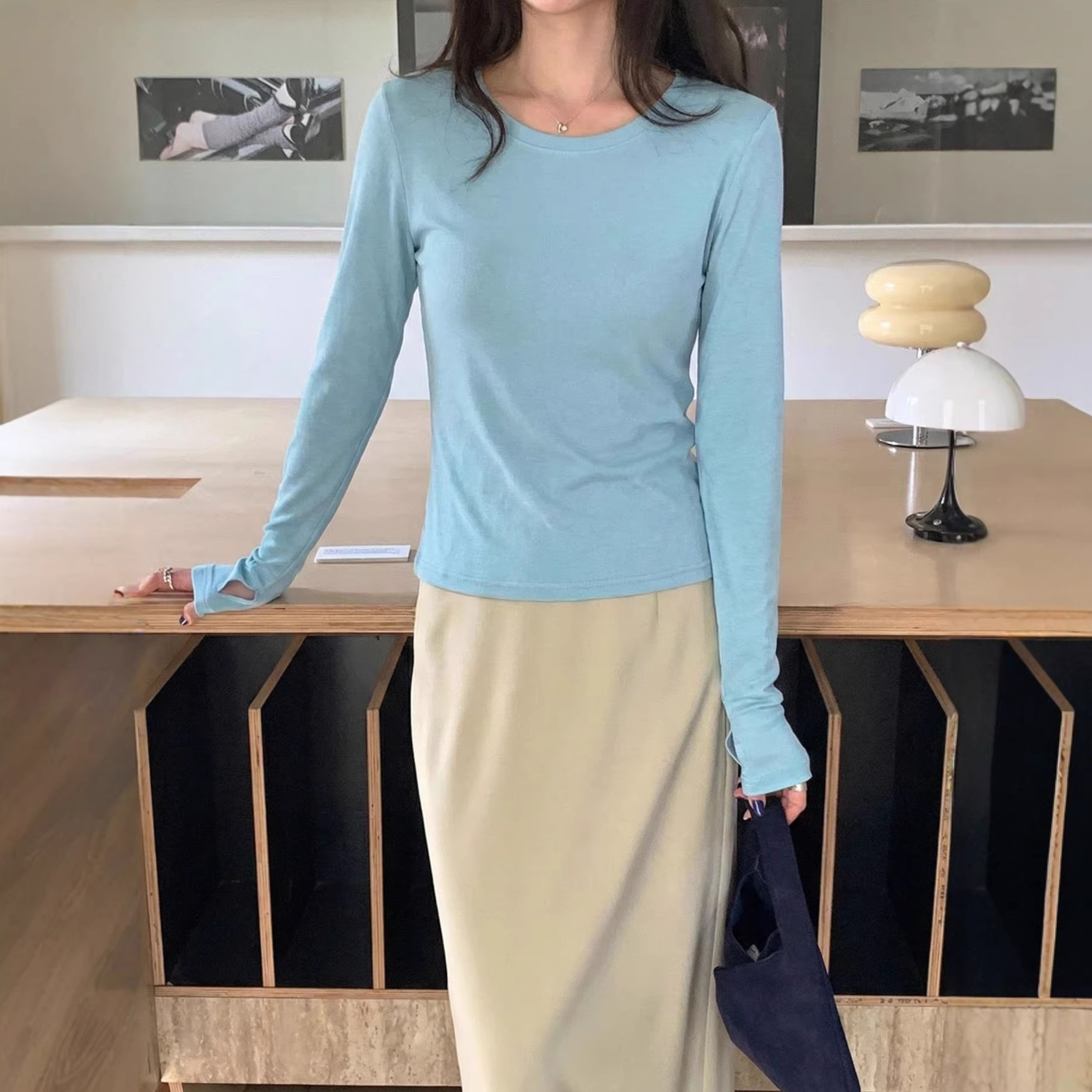 Blue Long-Sleeve T-Shirt for Women, Autumn 2026 New Korean Style Slim Fit Base Layer Top from Guangzhou
