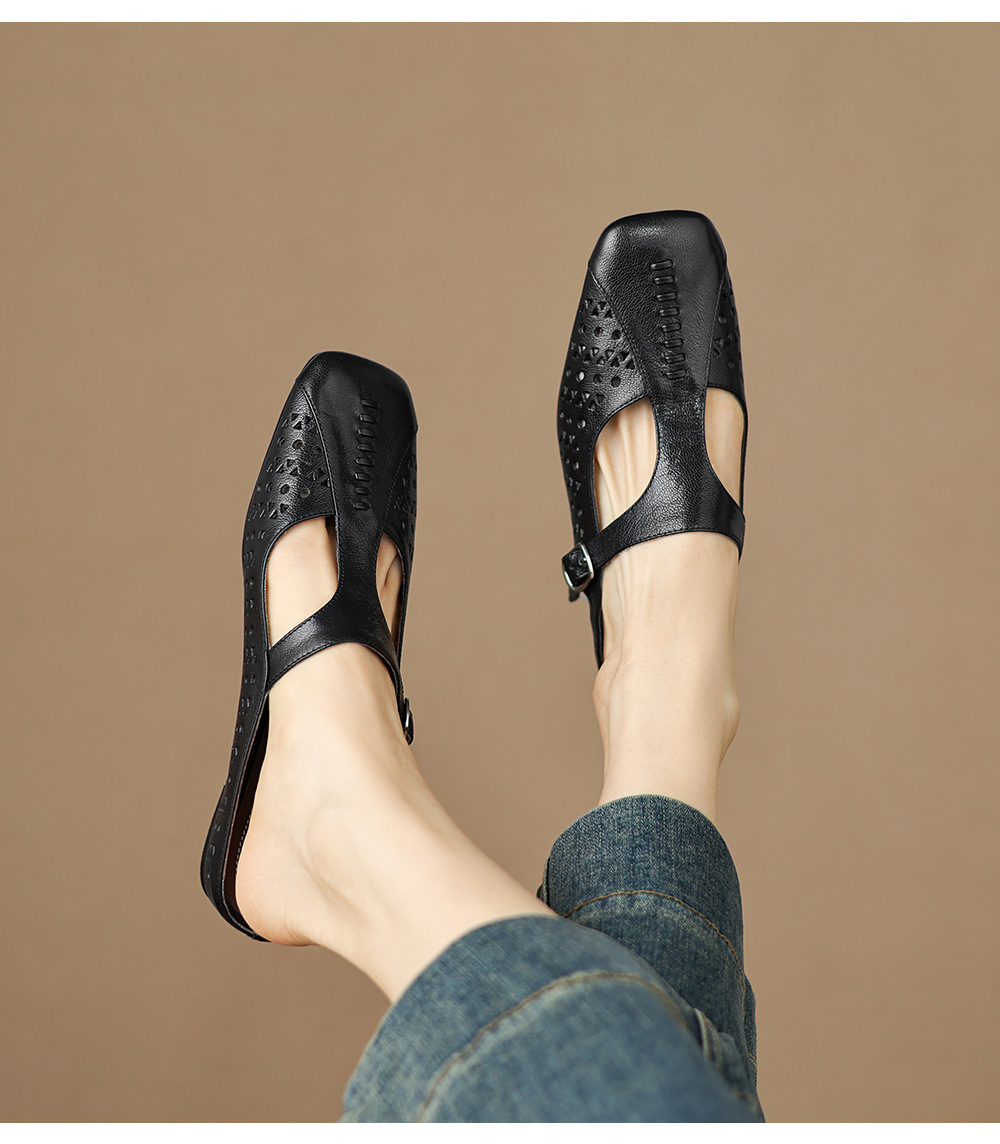 Dép sandal nữ xỏ ngón đế bệt quai chữ T đục lỗ mùa hè — đen chi tiết 9