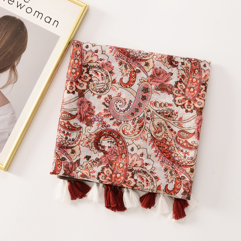 Las exportaciones transfronterizas de algodón y lino sienten bufanda caqui anacardo impresión foto de viaje decoración protector solar chal Toalla de playa