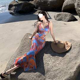 度假风纯欲风印花修身包臀露背绑带连衣裙波西米亚海边度假沙滩裙
