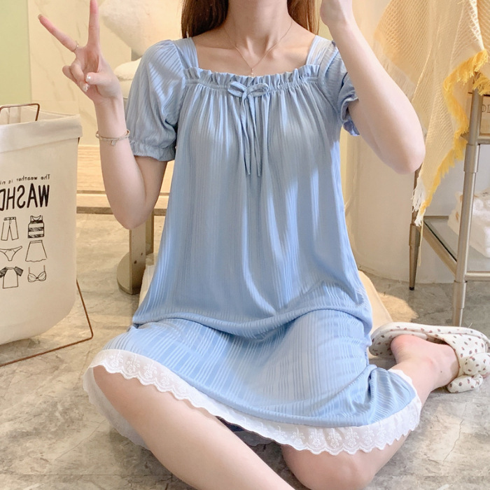 Verano delgado lindos pijamas bonitos rasgos de encaje un cuello de manga corta pijama vestido para el hogar de mujeres